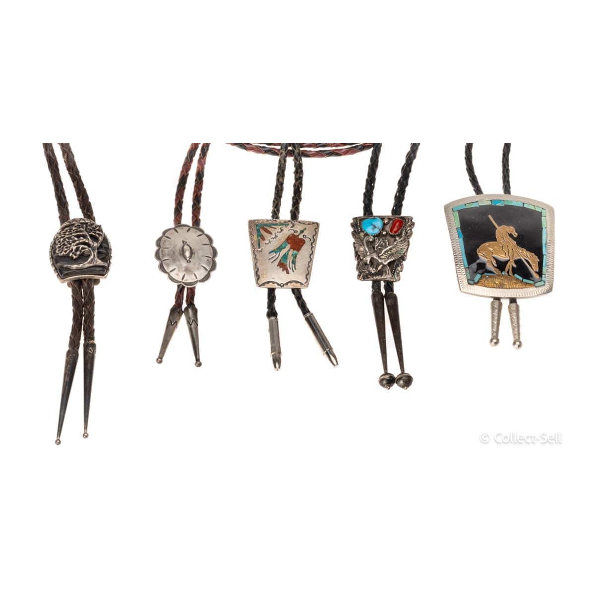 SOLD - Vintage Southwest Navajo Native American Silver Turquoise Coral Bolo Tie Lot of 5