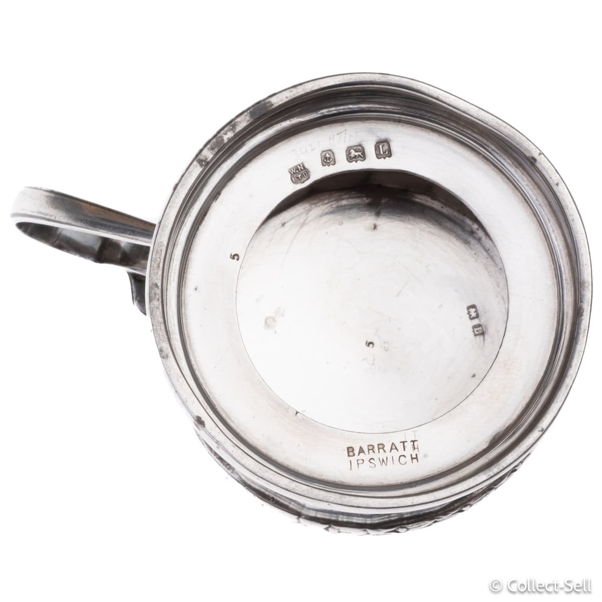 Base view without blue glass insert showing hallmark and retailer engraving “Barratt Ipswich”