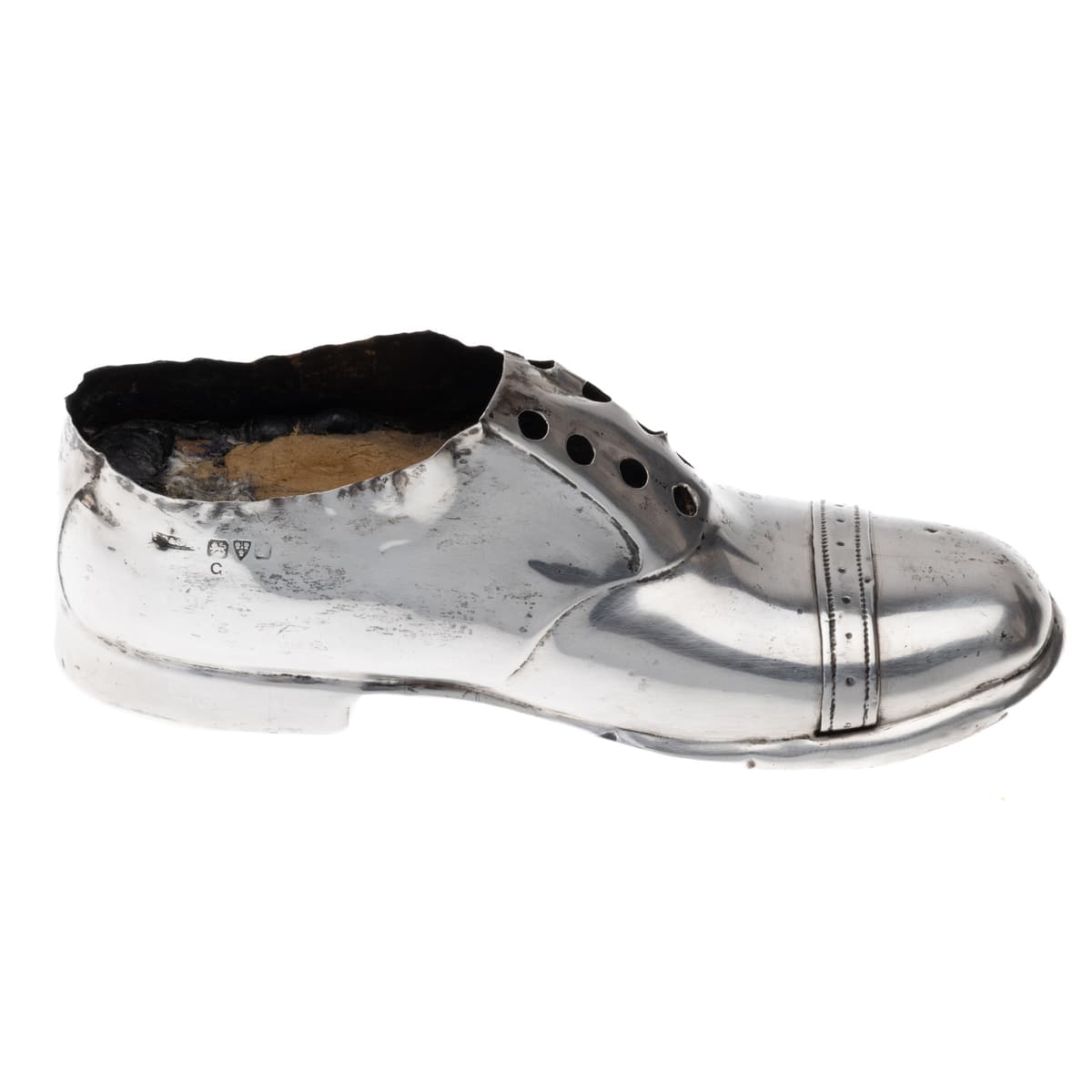 Side ViewAntique sterling silver pin cushion in the form of a gentleman’s shoe, hallmarked Chester c.1909, made by S. Blanckensee & Son Ltd with registered design number 548913.