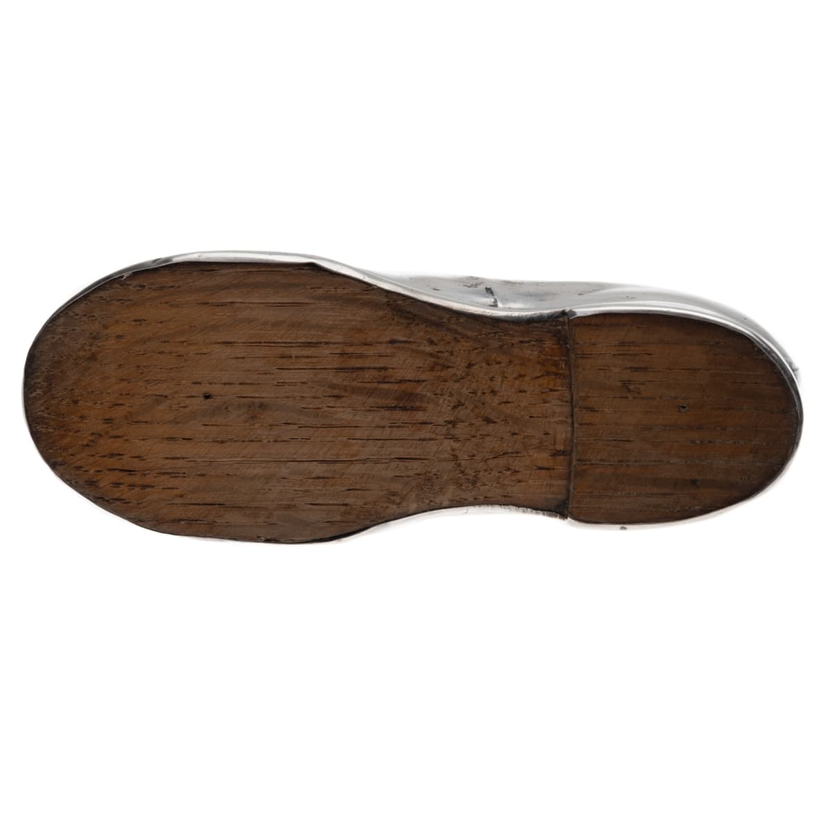 Base view wood - Antique sterling silver pin cushion in the form of a gentleman’s shoe, hallmarked Chester c.1909, made by S. Blanckensee & Son Ltd with registered design number 548913.