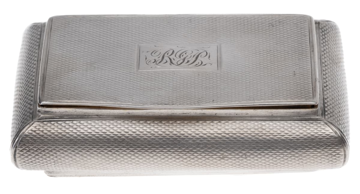 Closed view of antique 1833 Joseph Willmore engine-turned sterling snuff box