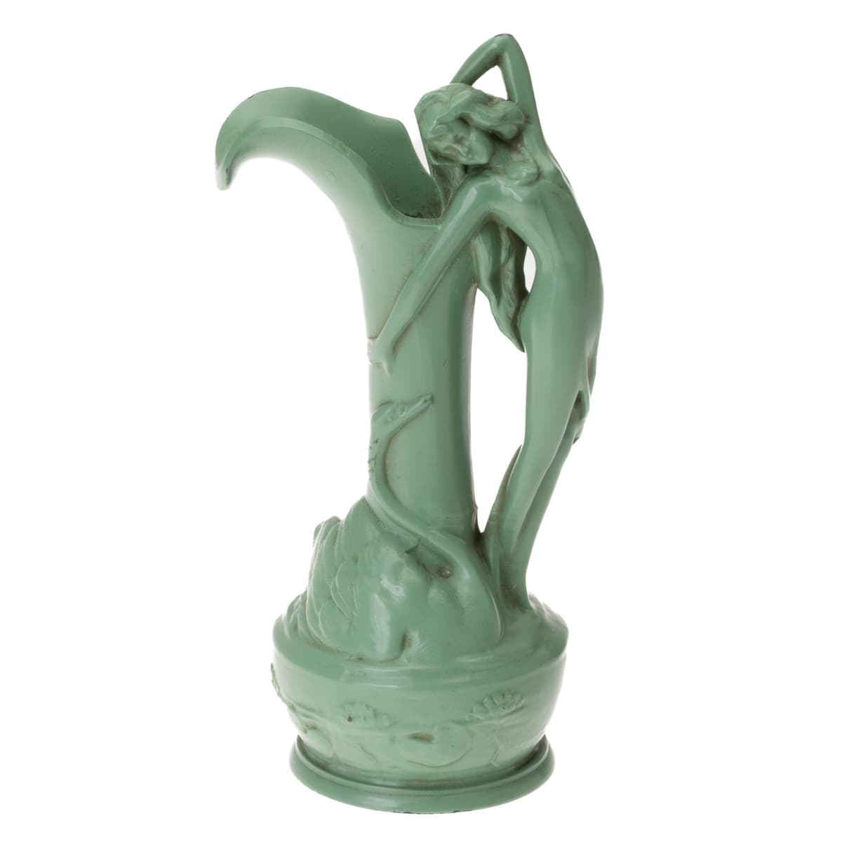 Green Art Nouveau spelter ewer with nude female figure and swan, c.1920s, front view