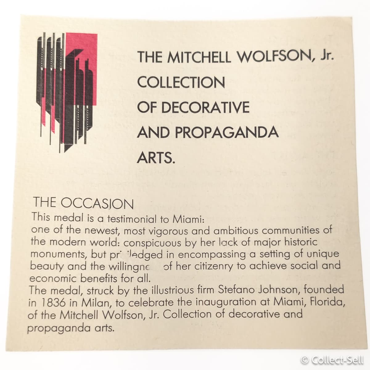 Information card about sculptor Jorio Vivarelli accompanying the Wolfson Jr. medal