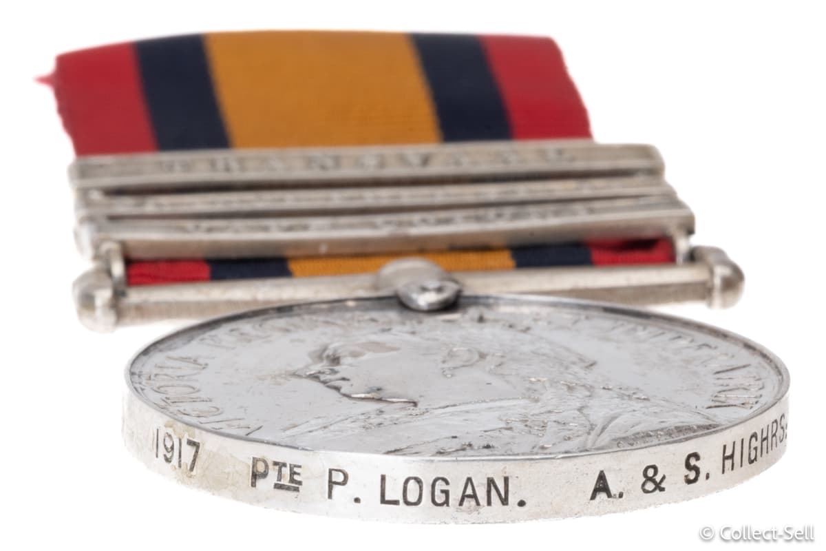 Rim engraving on Queen’s South Africa Medal reading “1917 Pte. P. Logan. A. & S. Highrs.”
