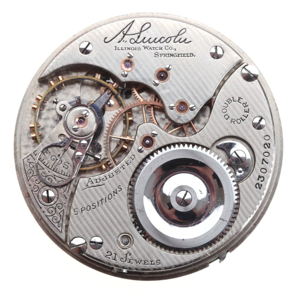 Illinois 16s 21j A Lincoln Double Roller Adjusted Openface Lever Set Nickel Movement