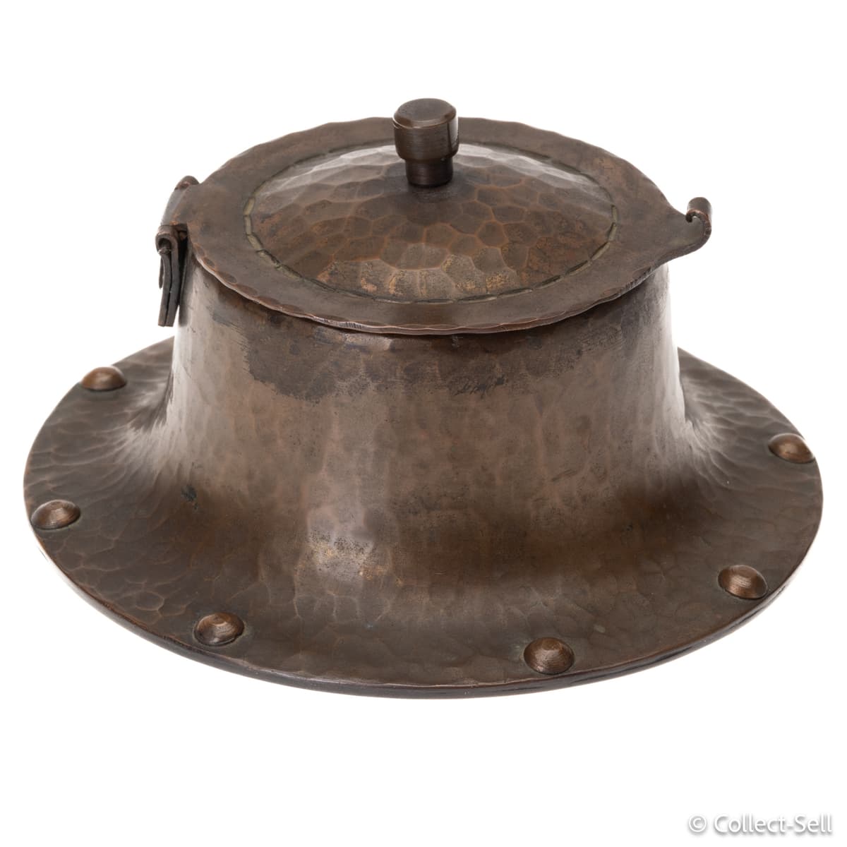 Side view of closed Roycroft inkwell with knob finial and riveted flared base