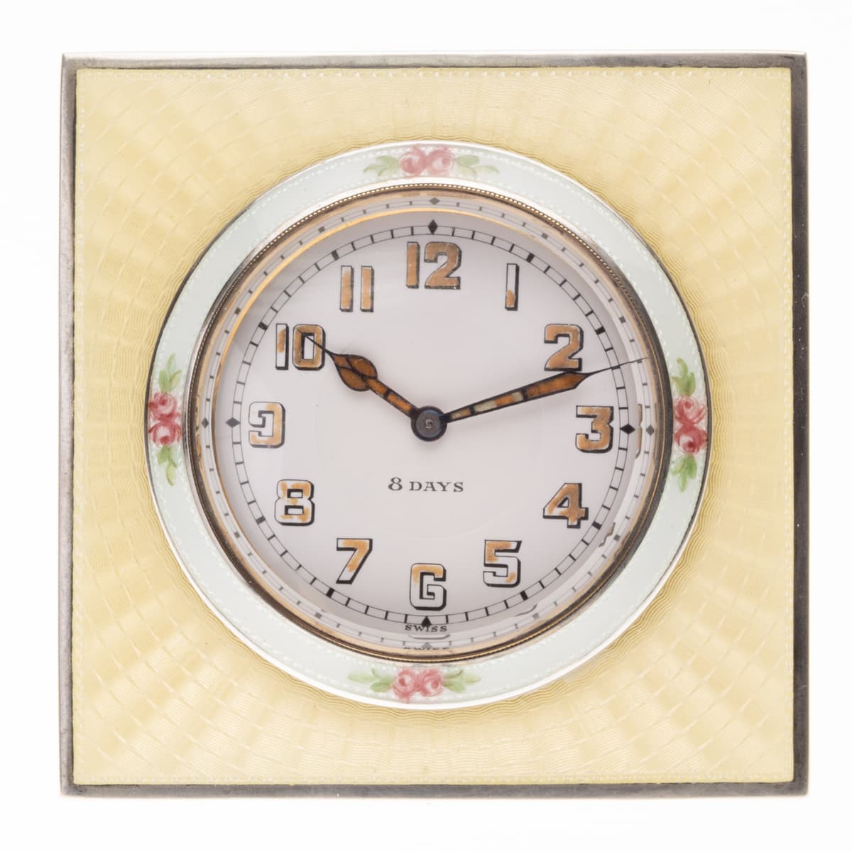 Front view of Foster & Bailey sterling silver guilloché enamel 8-day Swiss desk clock, c.1930.